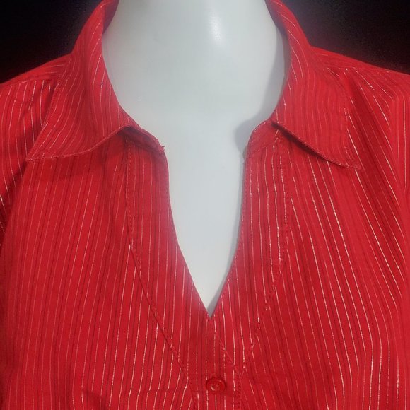 Red with Silver/BLK.Vertical Stripes Fashion Bug Woman's Button Up Blouse SZ. 1X - Picture 3 of 10
